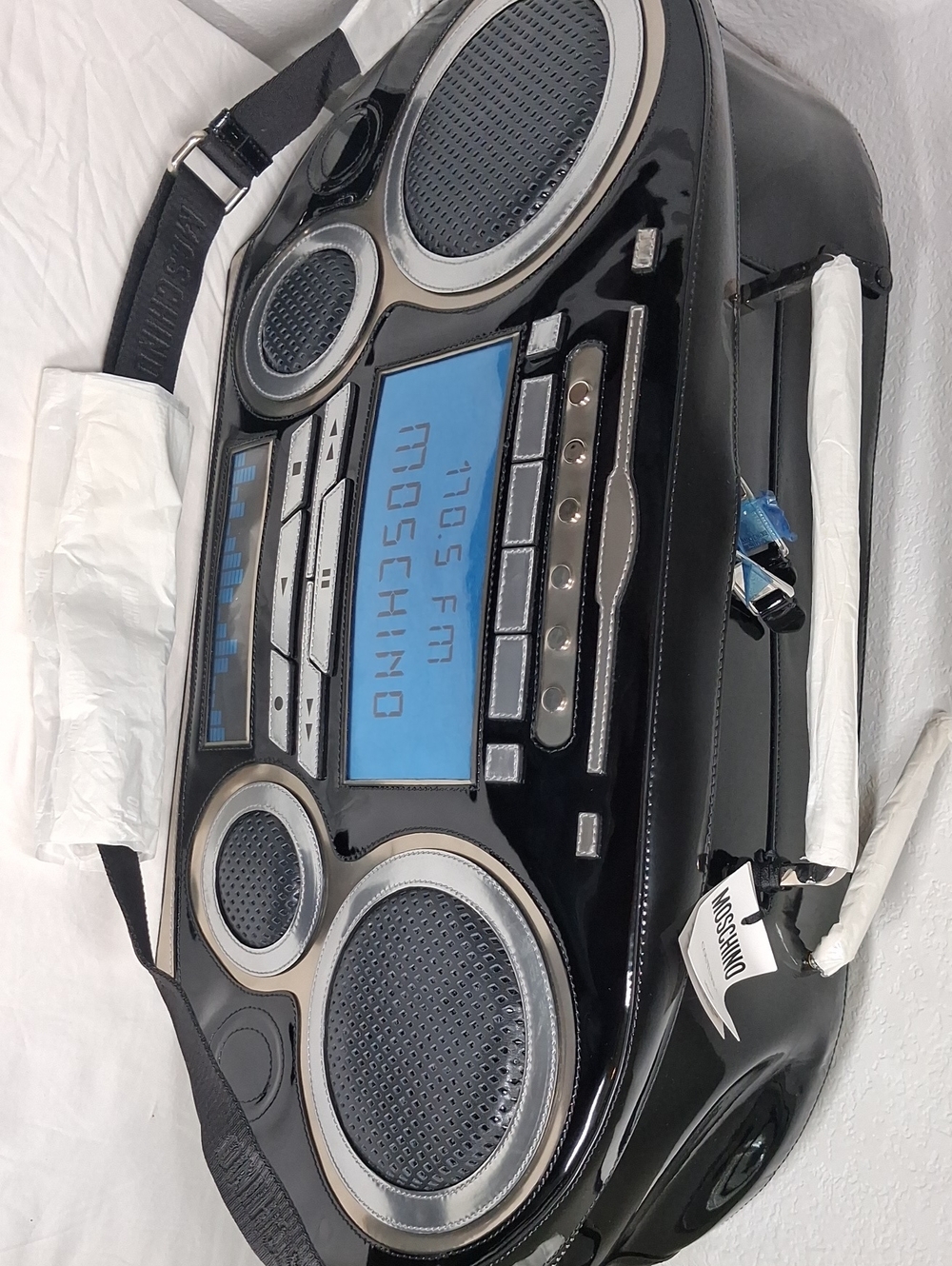 Moschino Black Patent Portable Boombox Shoulder Bag with Blue Display
